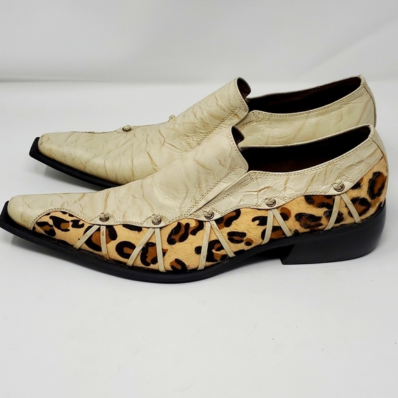 Fiesso Bone Leopard Hair Genuine Leather Loafer Shoes Pointed Toe F18027  Size 8 - Picture 1 of 11